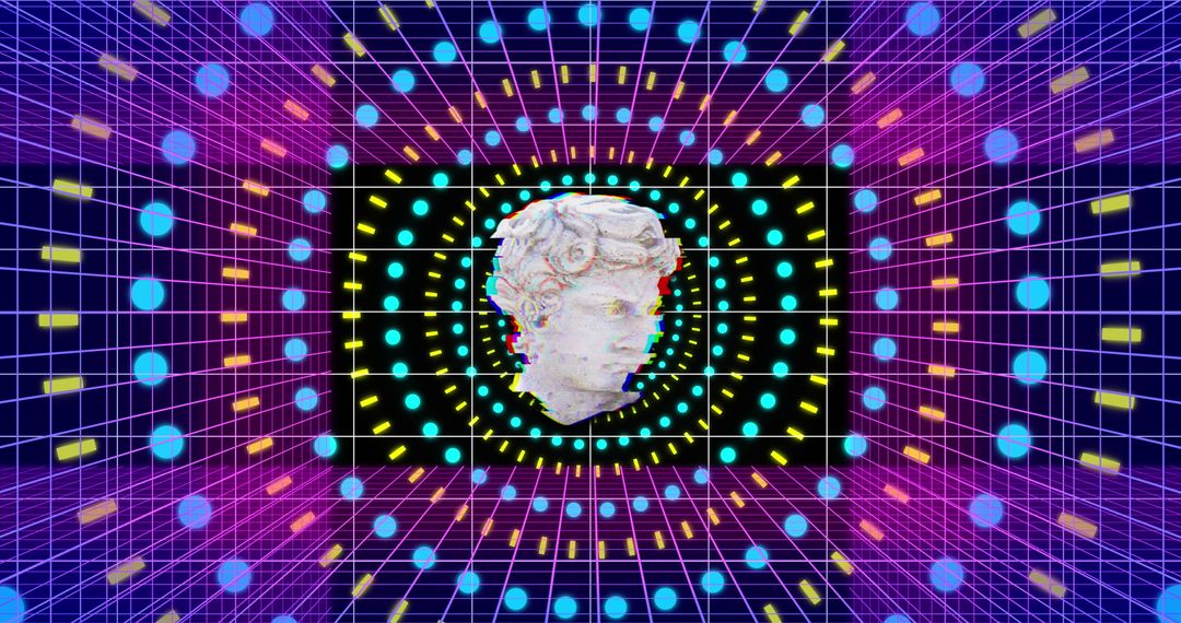 Ancient Sculpture with Vibrant Abstract Geometric Patterns