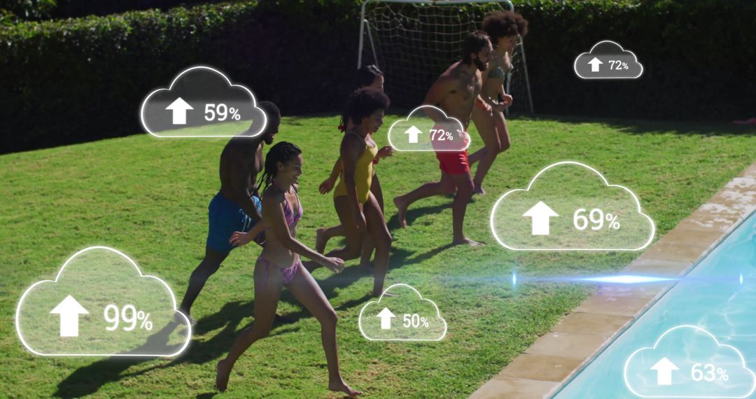 Group Running Toward Pool on Sunny Day With Virtual Cloud Graphics