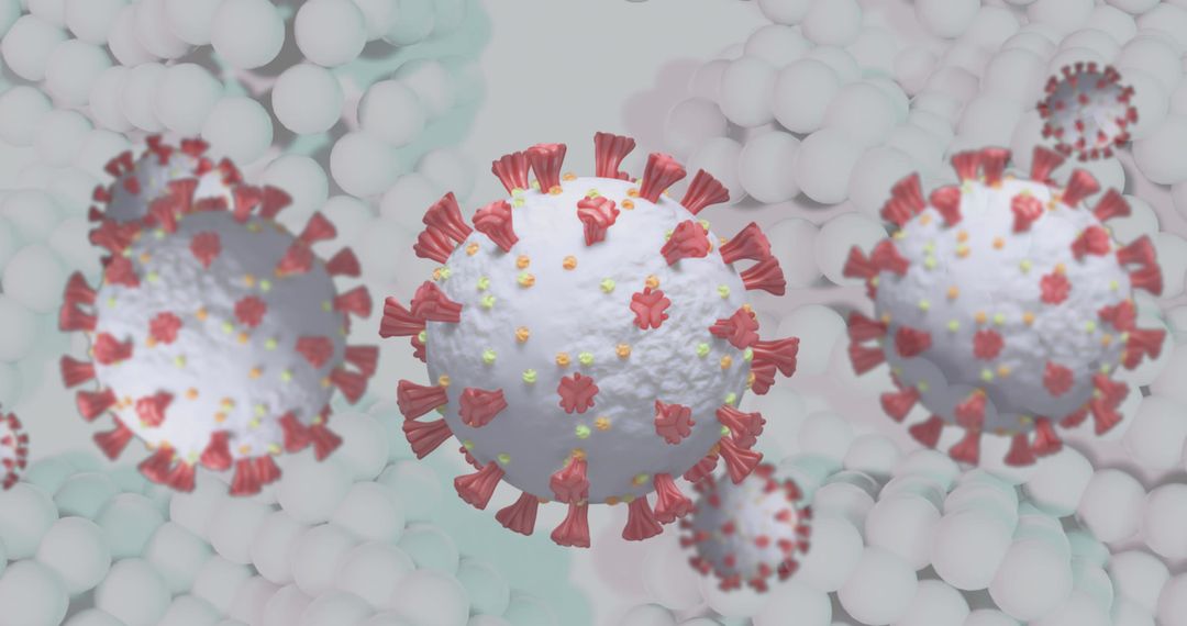 3D Coronavirus Cells with Red Spike Proteins in White Background