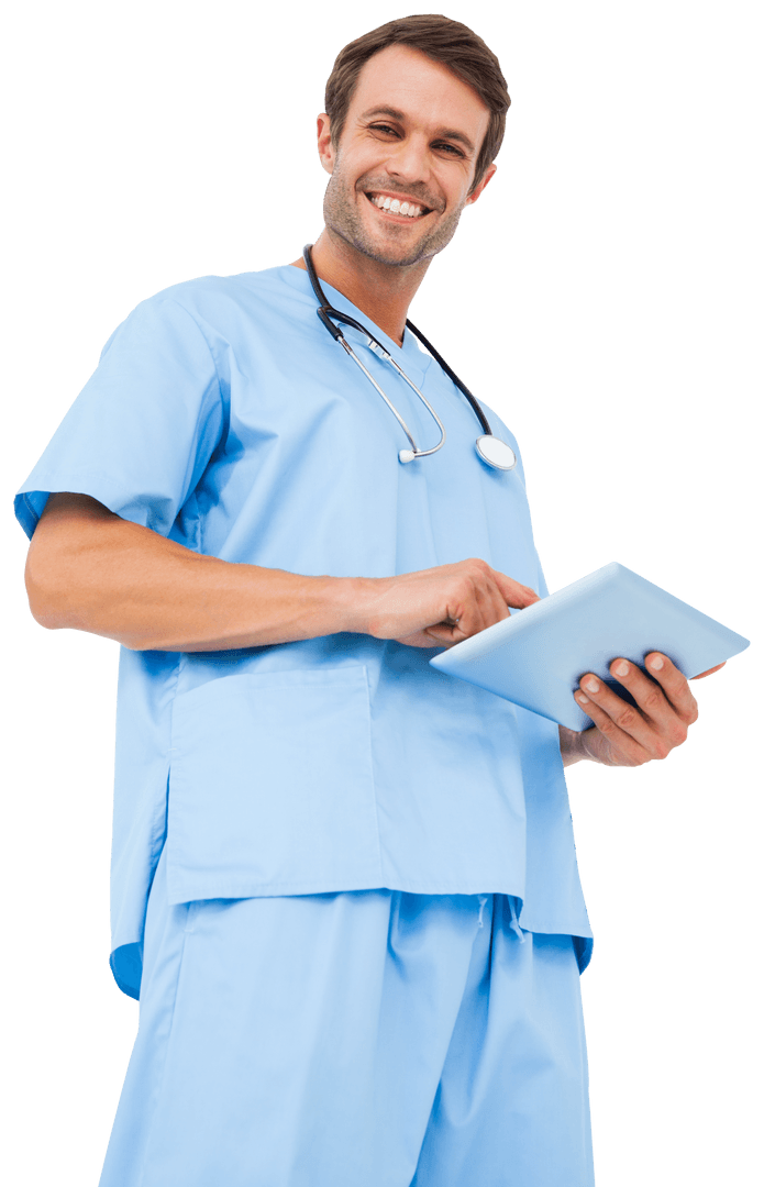 Smiling Male Doctor Using Transparent Tablet Isolated