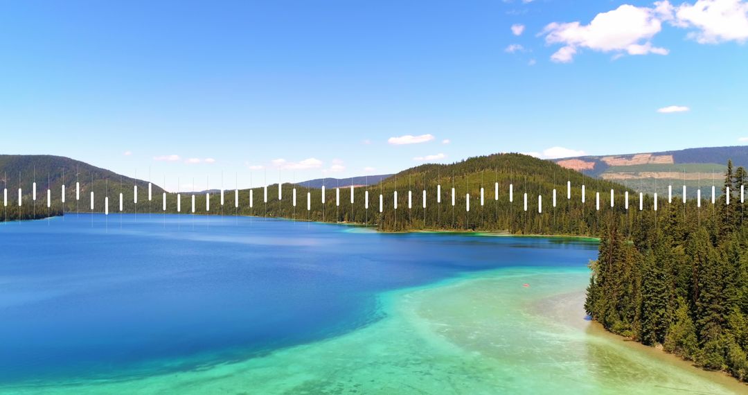 Digital Overlay on Calm Blue Lake Landscape Virtual Reality Concept