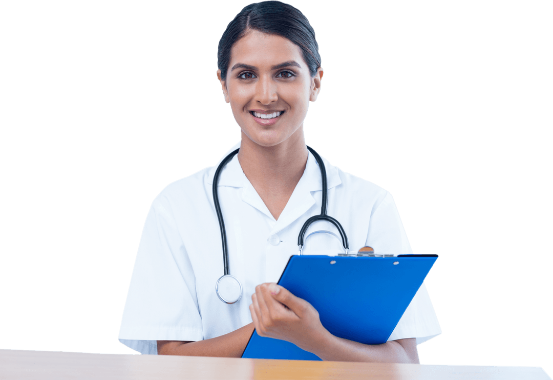 Smiling Female Doctor with Transparent Clipboard and Stethoscope