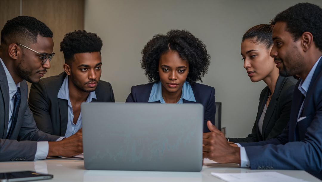 Diverse Business Team Analyzing Laptop Data in Meeting Room