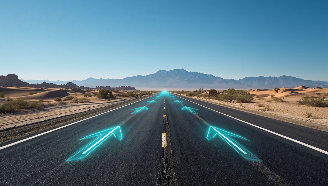Futuristic Desert Highway Leading to Mountains with Glowing Turquoise Arrows