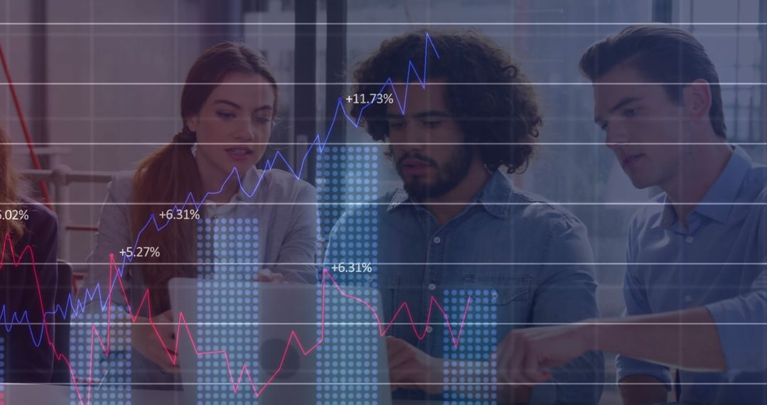 Diverse Business Team Analyzing Data with Technology Overlays