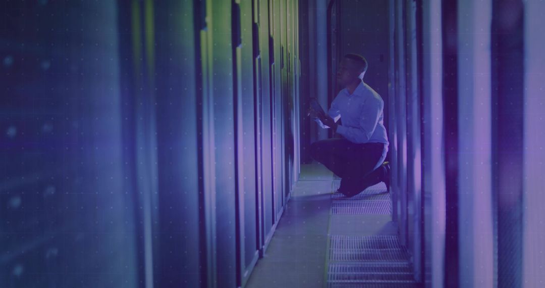 Technician Managing Servers in Futuristic Data Center