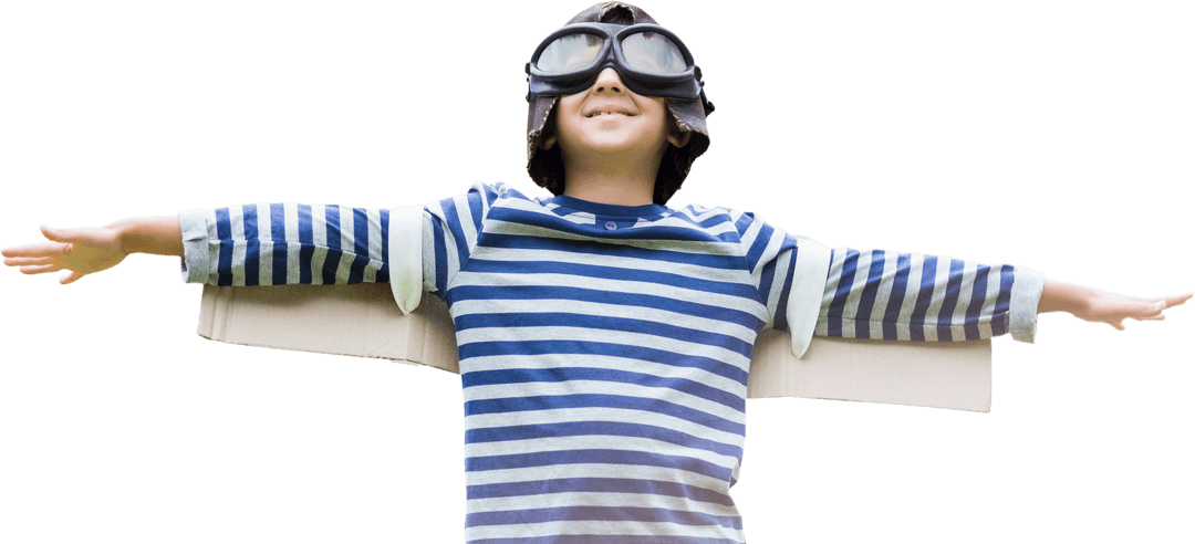 Child Pilot Pretending with Cardboard Wings Transparent Background