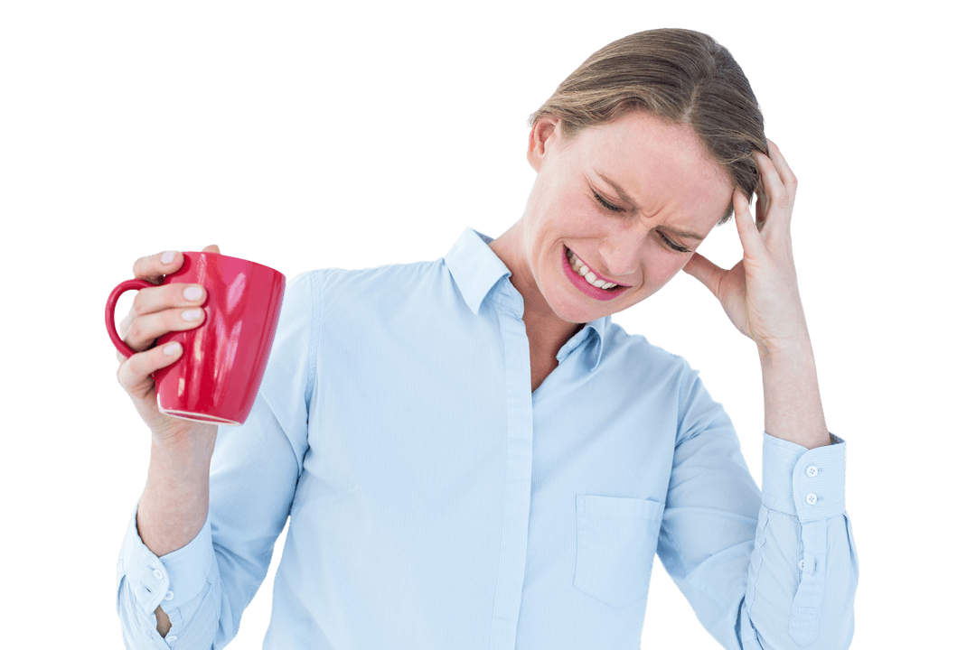 Transparent Woman with Headache Holding Red Mug in Stress