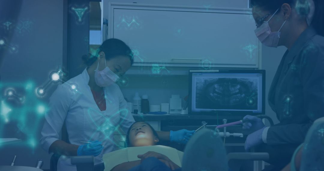 Caucasian Dentist with Nurse Assists Young Patient Using Advanced Dental Technology