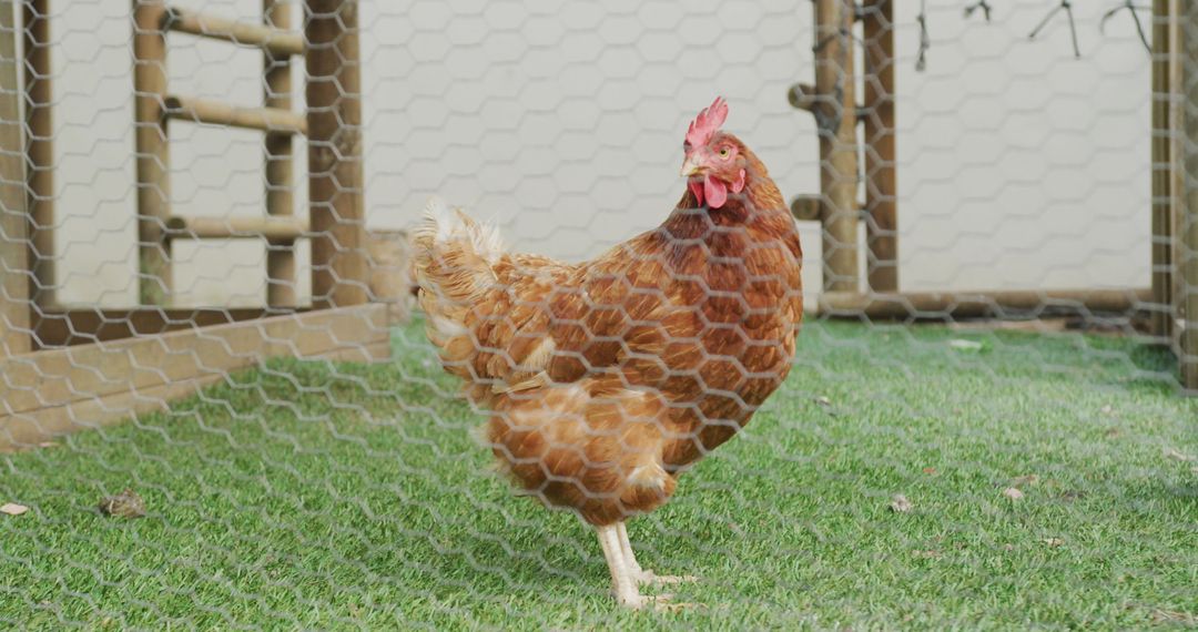Brown Hen Standing in Enclosed Farmyard with Green Grass