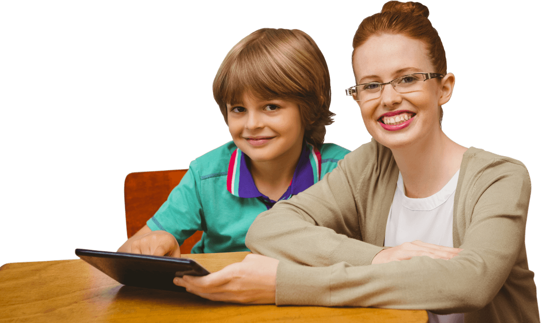 Caucasian Boy and Woman Learning Together on Transparent Background