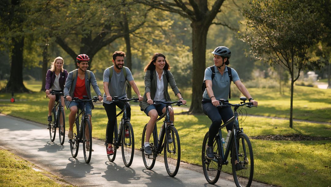 Friends Enjoying Group Bicycle Ride in Sunlit Park