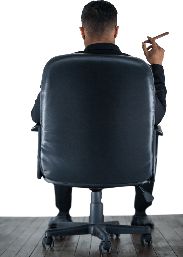 Business Executive Relaxing with Cigar in Transparent Office Setting