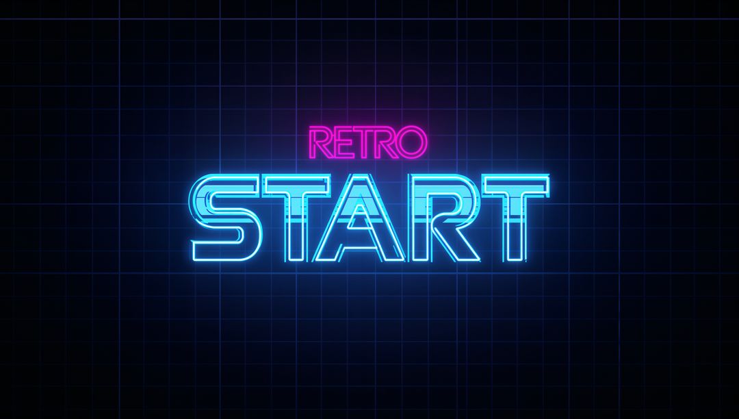 Neon Retro Start Sign Over Dark Grid Background