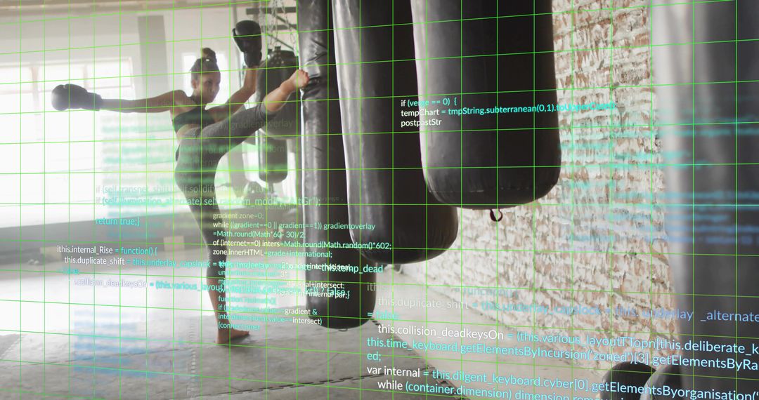 Female athlete delivering high side kick with augmented reality grid in industrial gym