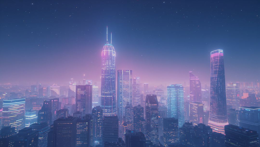 Futuristic Cyberpunk Skyline with Neon Lights at Night