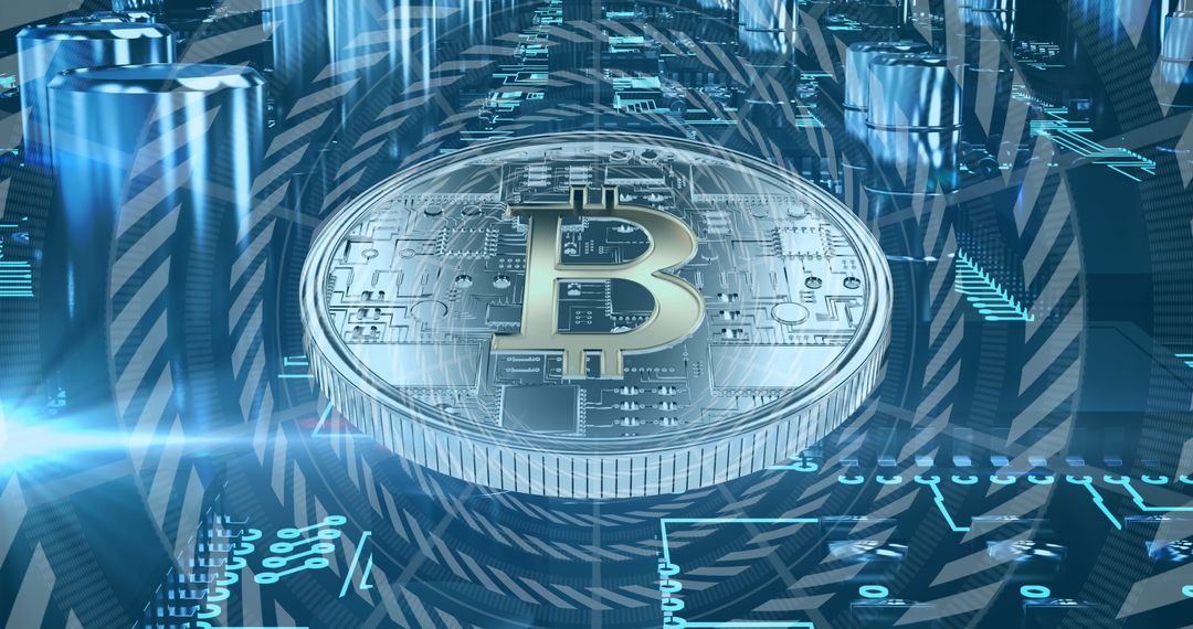 Futuristic Bitcoin Integrated with Digital Circuit Board