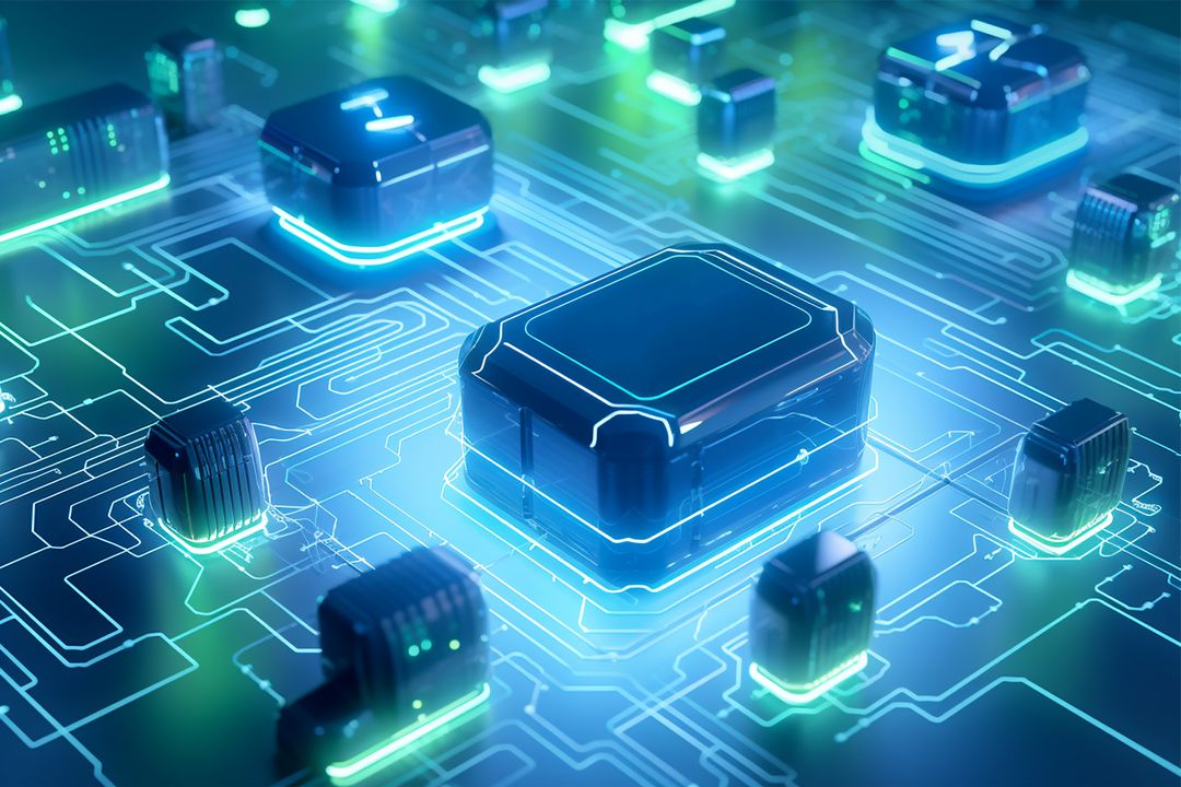 Futuristic circuit board with glowing technology microchips
