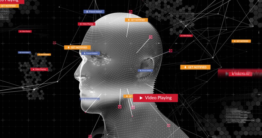 3D Digital Mesh Interface with Futuristic UI Notifications