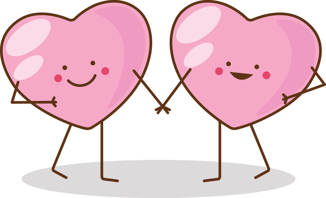Pink Heart Characters Holding Hands on Transparent Background