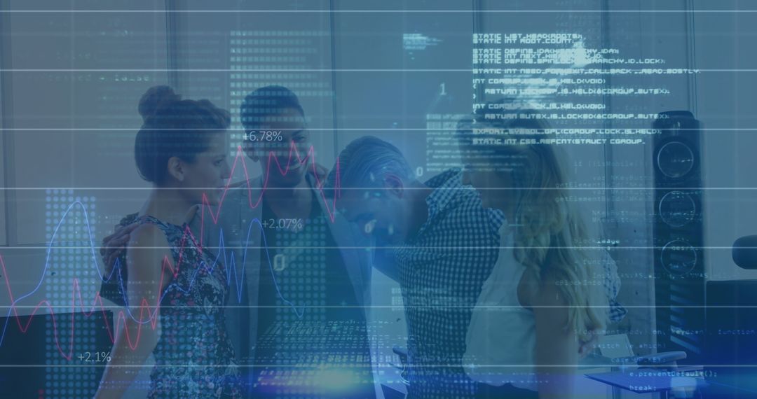 Team Discussing Digital Insights with Tech Overlay in Modern Office