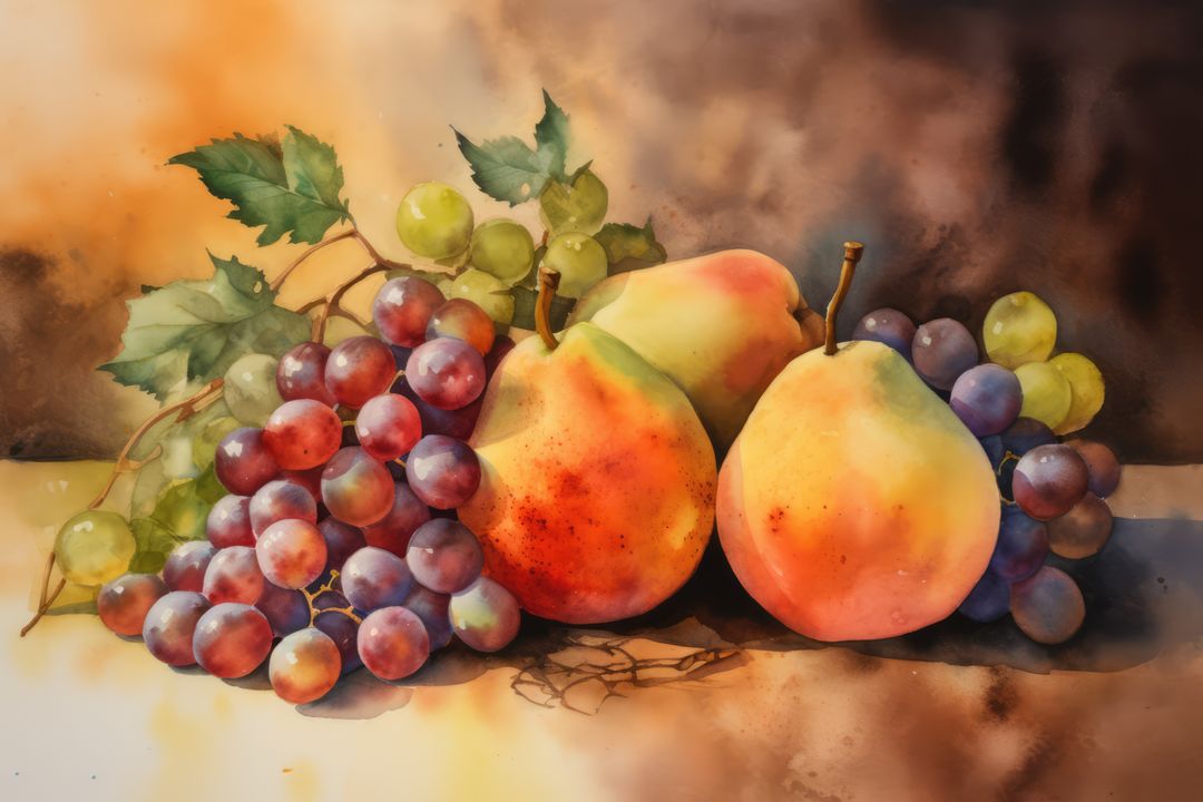 Watercolour with red grapes and pears, created using generative ai technology - Free Images, Stock Photos and Pictures on Pikwizard.com