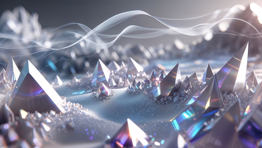 Futuristic Crystal Pyramids on Metallic Surface with Ribbon Waves