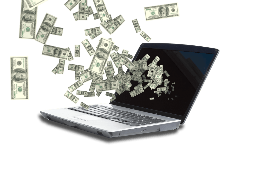 US Dollars Flowing from Open Laptop on Transparent Background