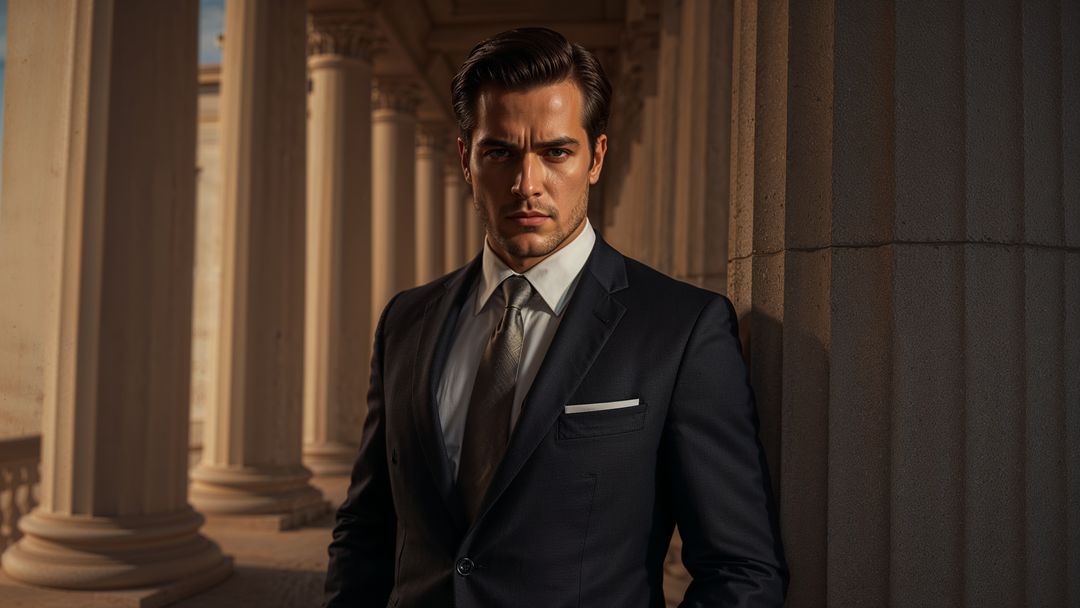 Professional prosecutor man posed against grand colonnade in stylish suit