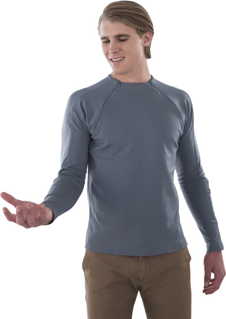 Person gesturing to hold transparent object on isolated background