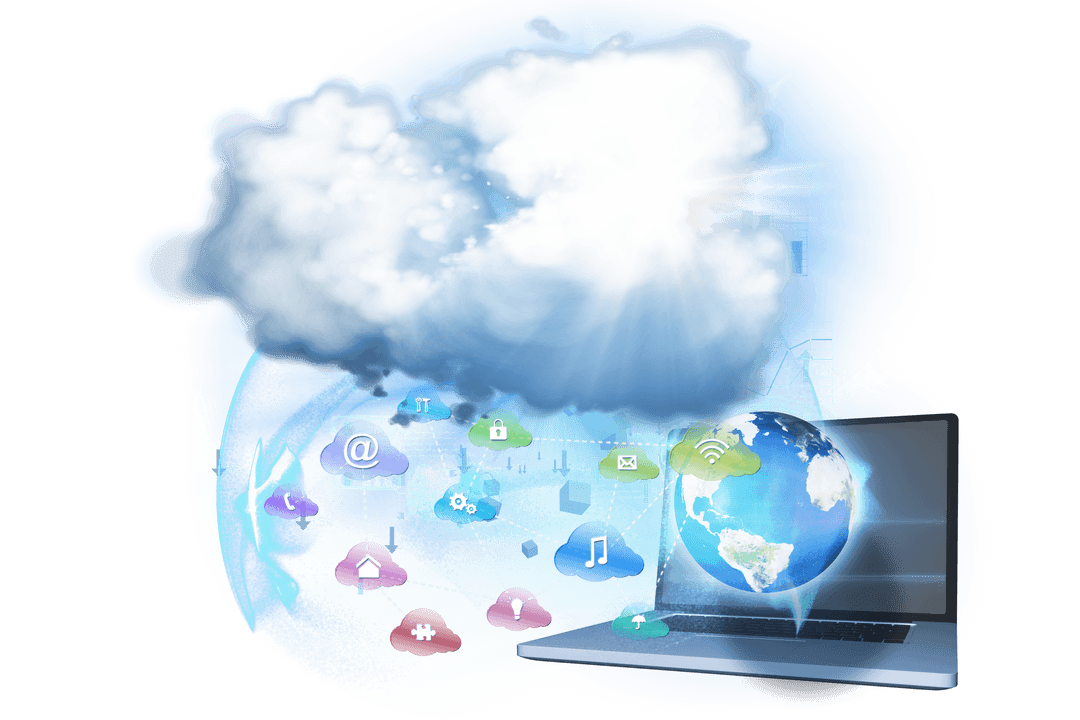 Digital Cloud Laptop Network Communication on Transparent Background