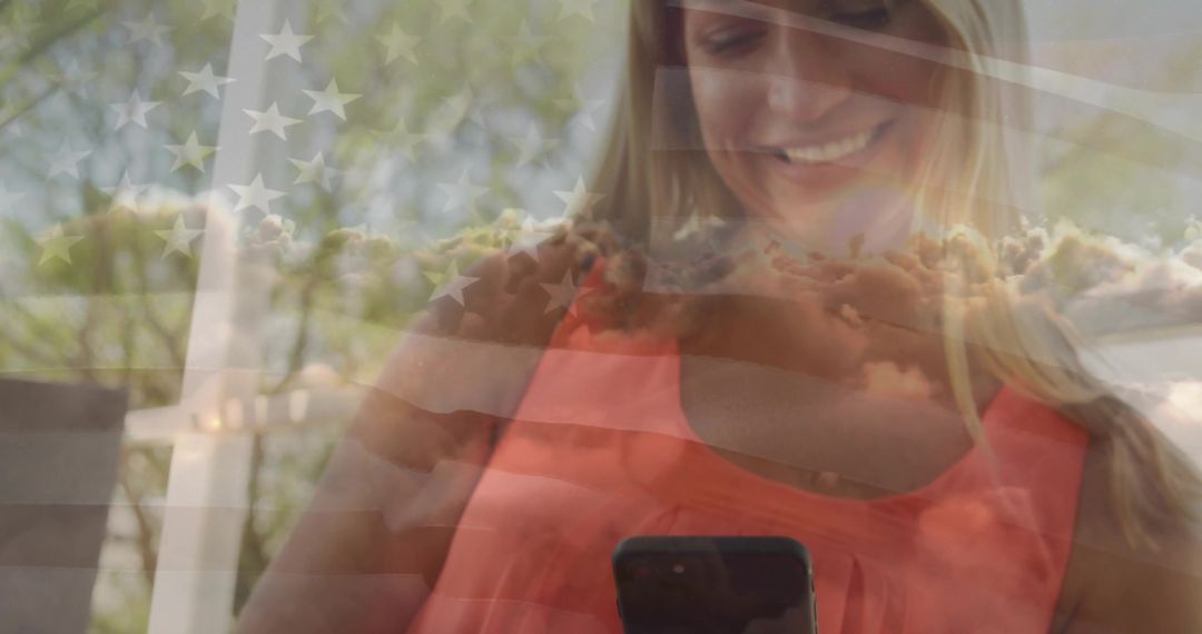 Smiling Woman Using Smartphone Outdoors with Flag Overlay