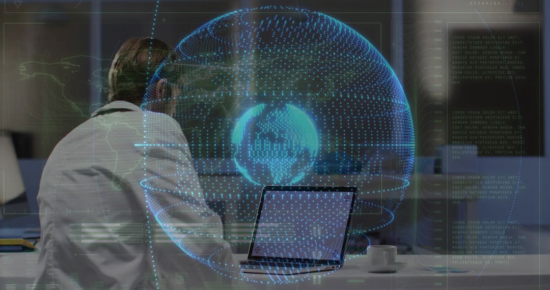 Professional Examining Holographic Globe with Laptop at Futuristic Office