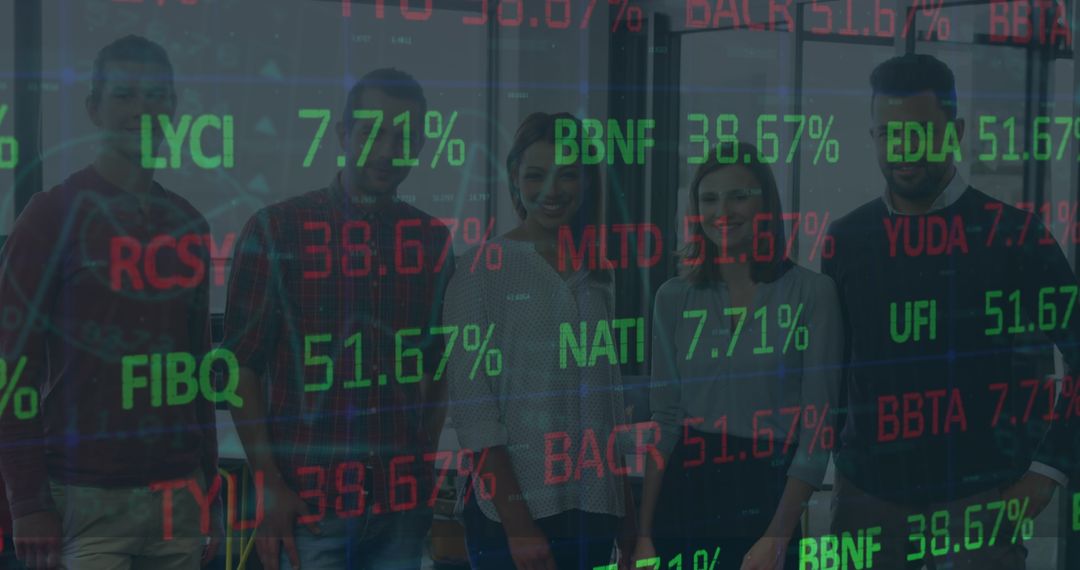 Dynamic Financial Data Overlaying Silhouetted Team in Urban Setting