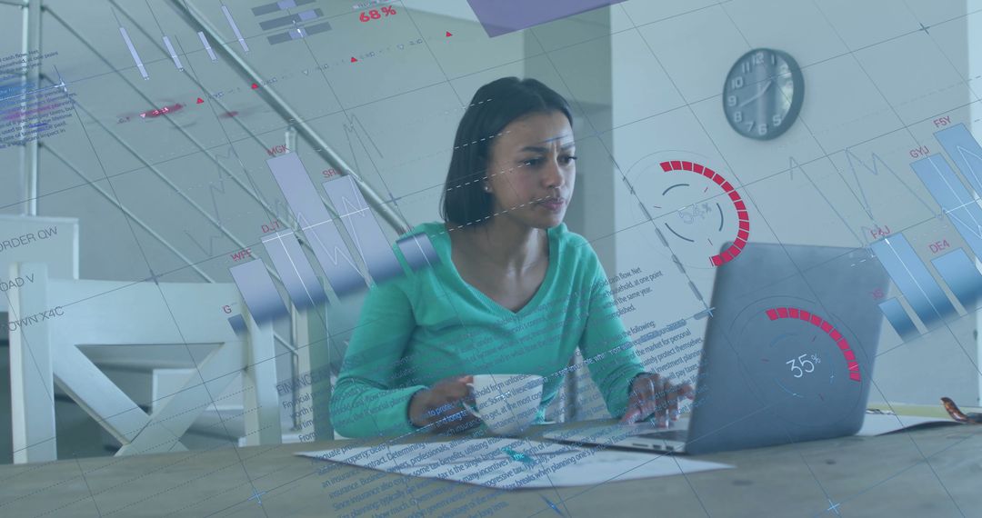 Woman Analyzing Financial Data on Laptop with Graph Overlays