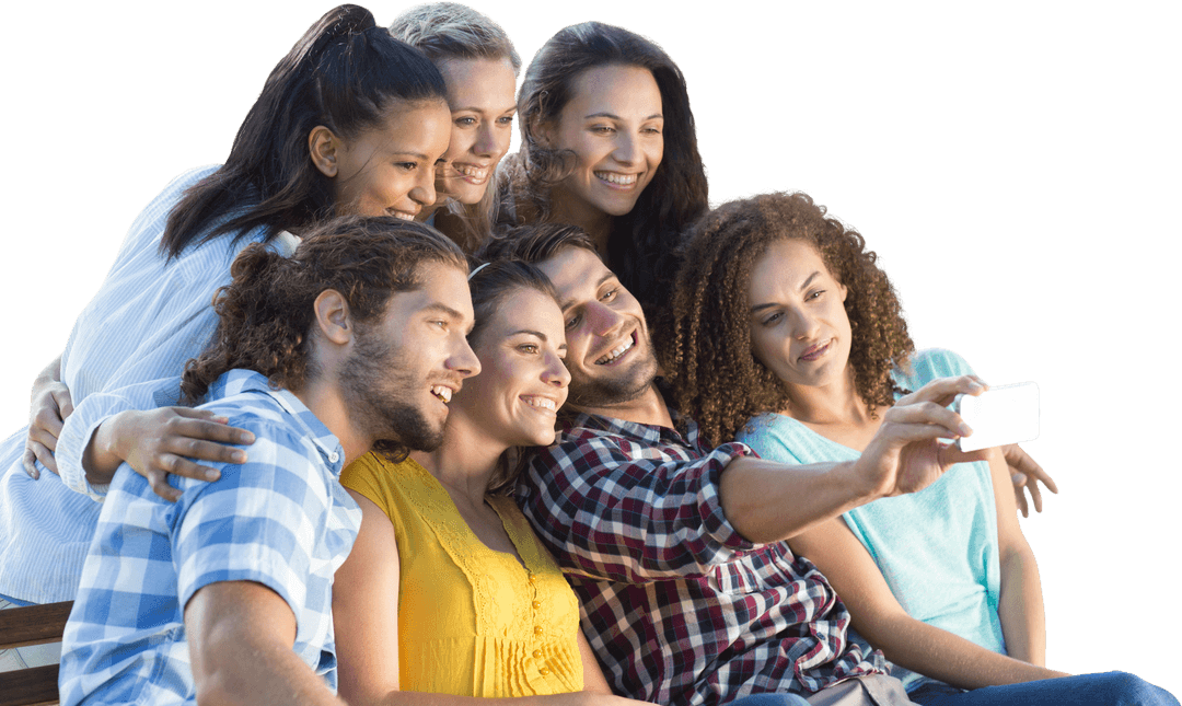 Diverse Friends Smiling Taking Selfie on Sunny Day with Transparent Background