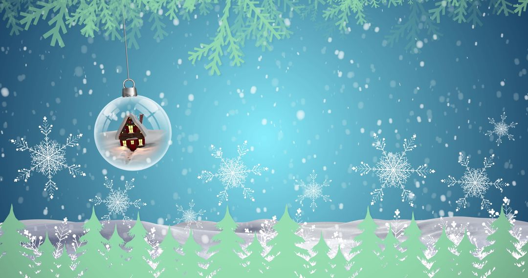 Christmas Snow Globe Hanging Amidst Falling Snow and Fir Trees