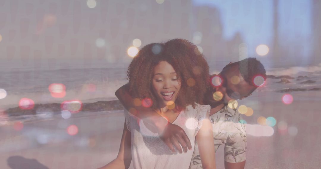Joyful Couple Enjoying Seaside with Bokeh Accents