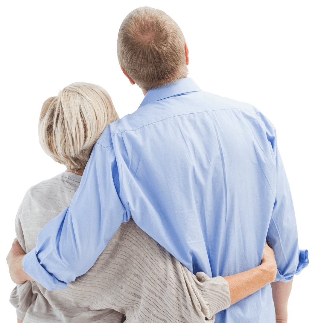Transparent Elderly Couple Hugging and Looking into Distance