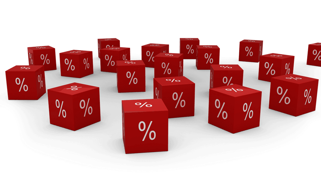 Floating Red Cubes with Transparent Percentage Symbols