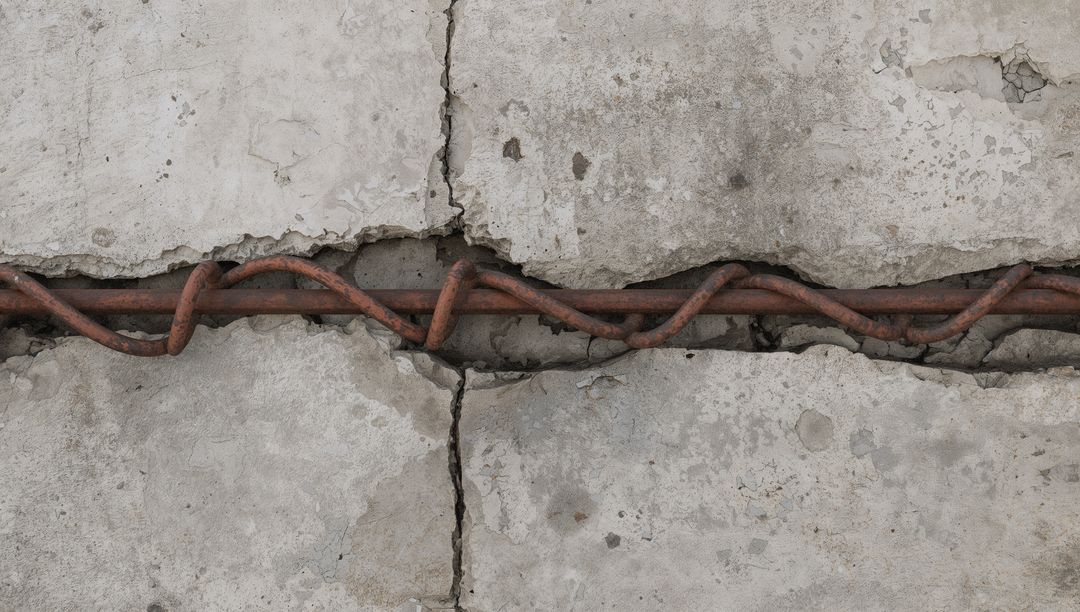 Exposed Rusted Rebar Threading Through Cracked Concrete Slab Revealing Structural Corrosion