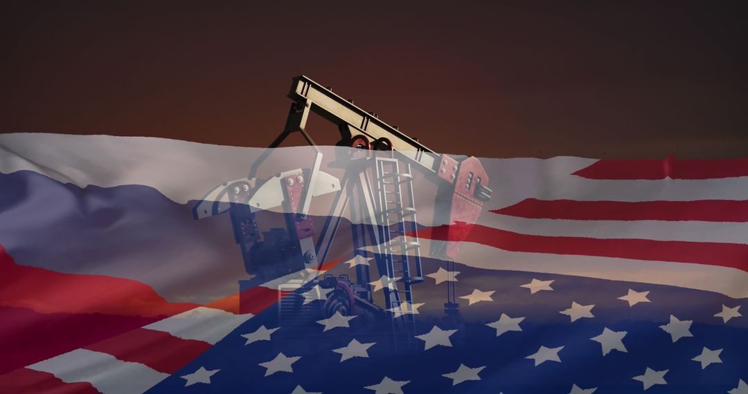 Oil Pump with Overlapping Russian and American Flags Symbolizing Trade
