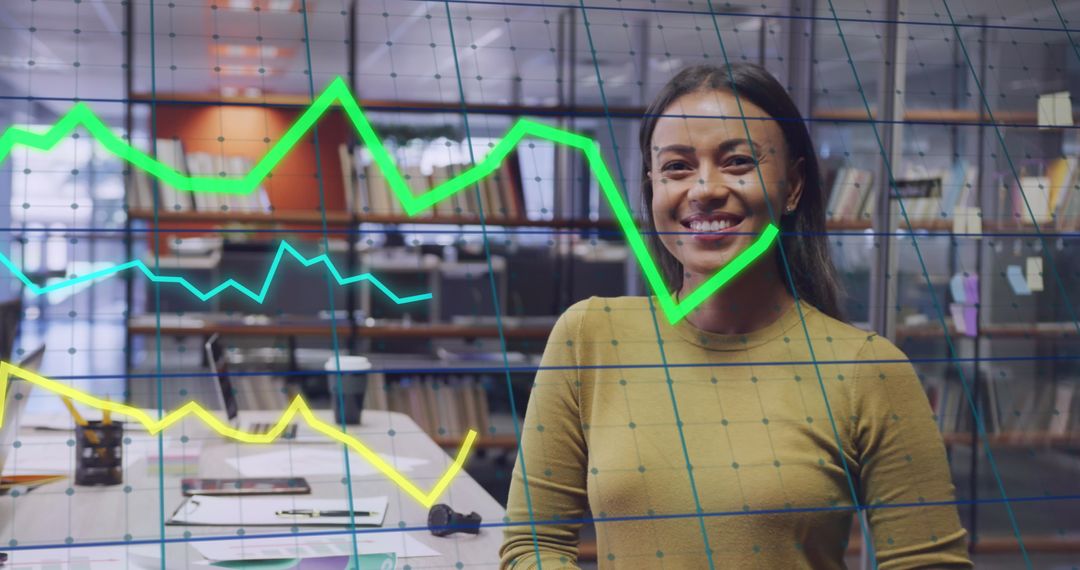 Smiling Businesswoman Analyzing Data in Office Environment