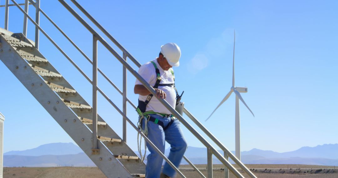 Engineer Descending Stairs Near Wind Turbine on Sunny Day