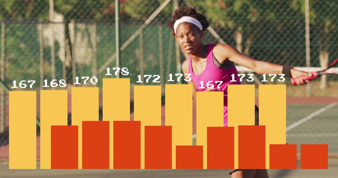 Swinging Tennis Player on Outdoor Court with Bar Chart Performance Analytics Overlay