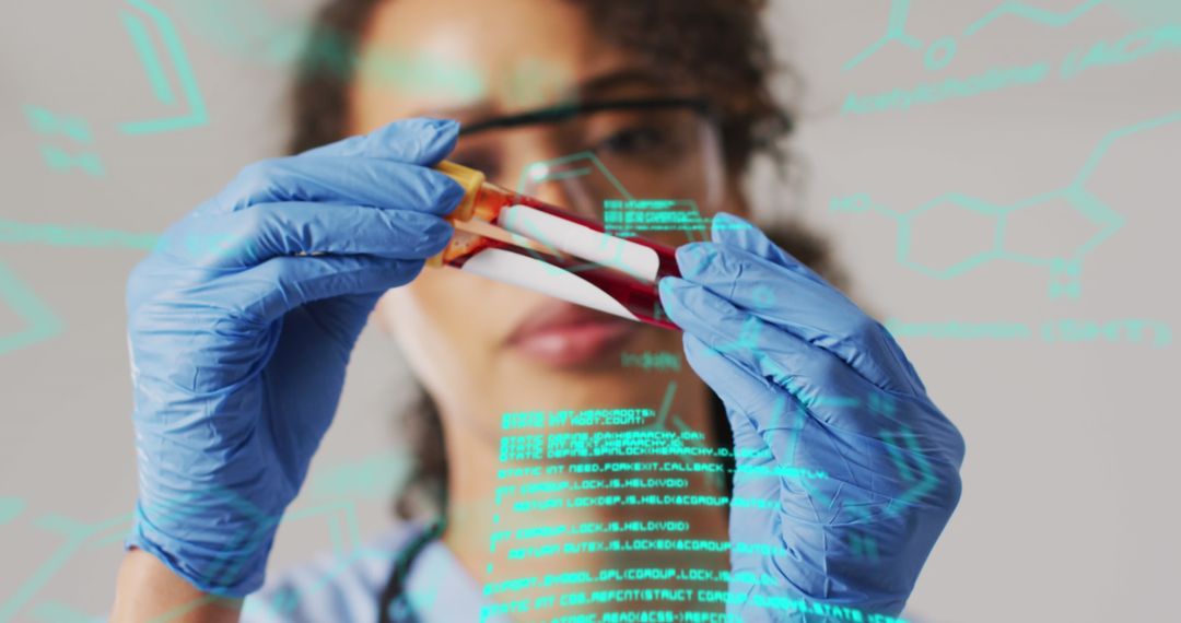 Doctor Analyzing Blood Samples with Digital Interface Overlay