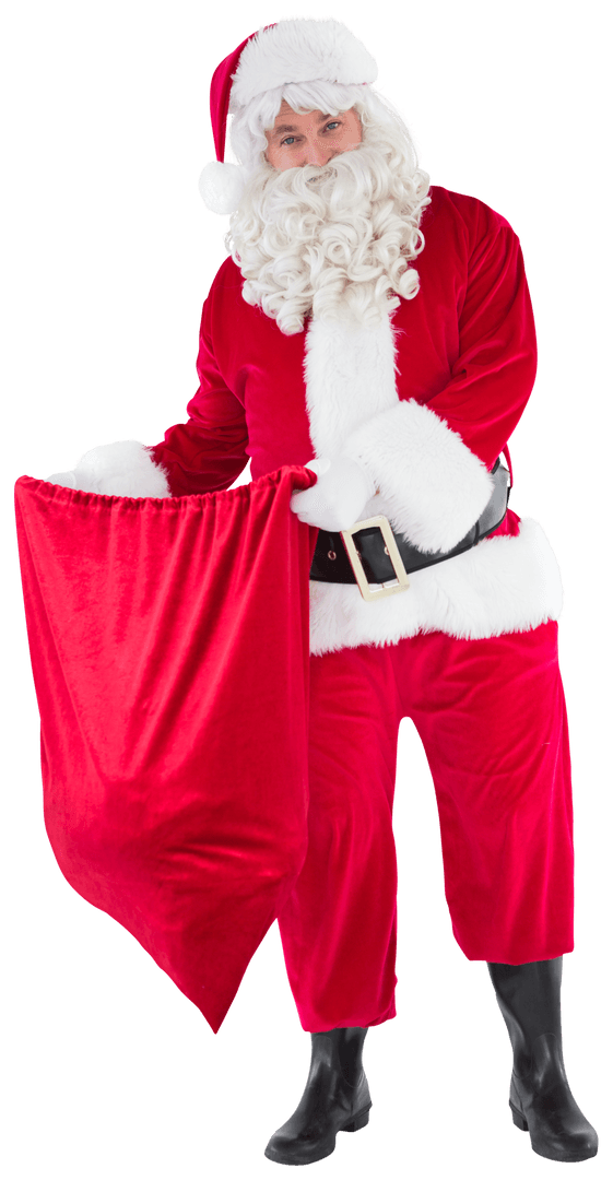 Transparent Santa Claus Opening Red Sack Surprised