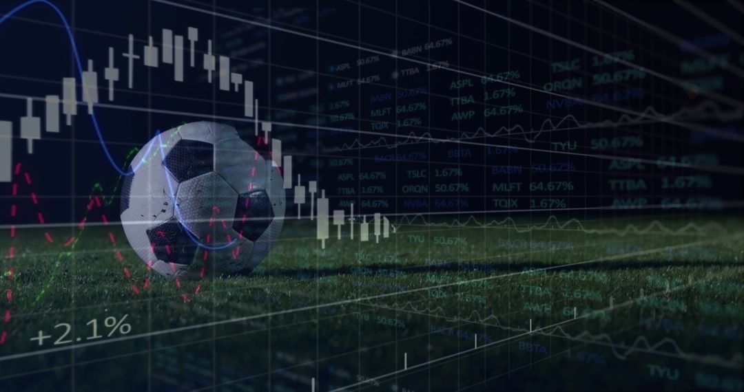 Soccer Ball with Data Overlays on Grass Field Illustrating Sport Analytics