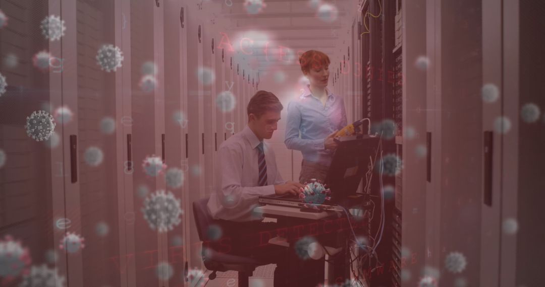 Virus Cells Overlay on Professionals in Server Room Working with Technology