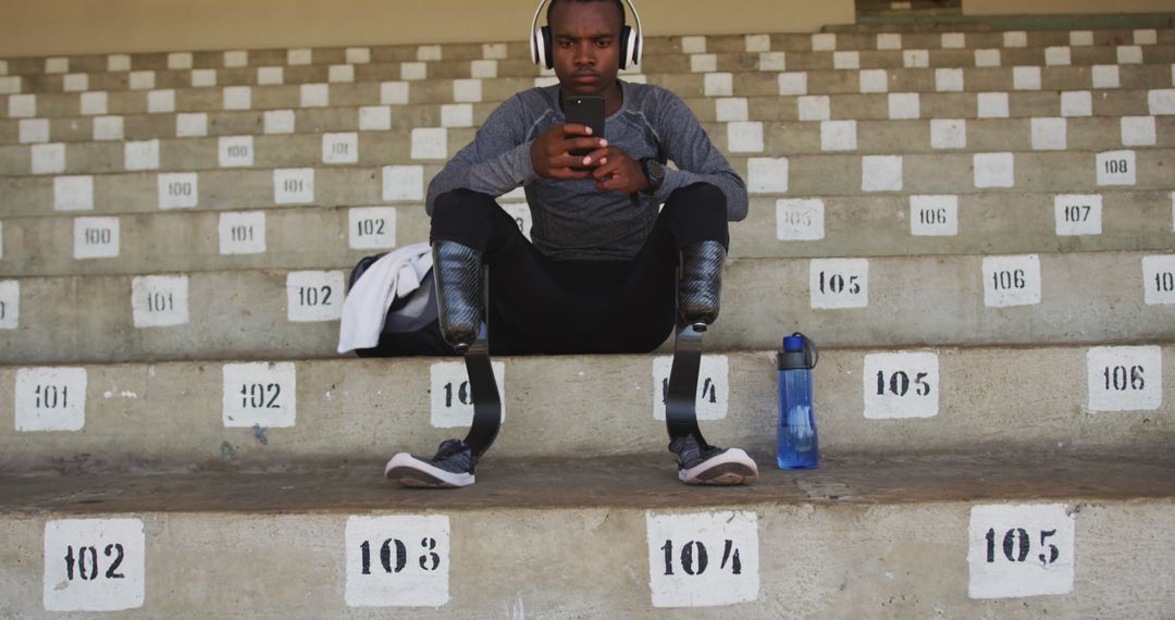 Determined Athlete with Prosthetic Legs Using Smartphone in Stadium - Free Images, Stock Photos and Pictures on Pikwizard.com